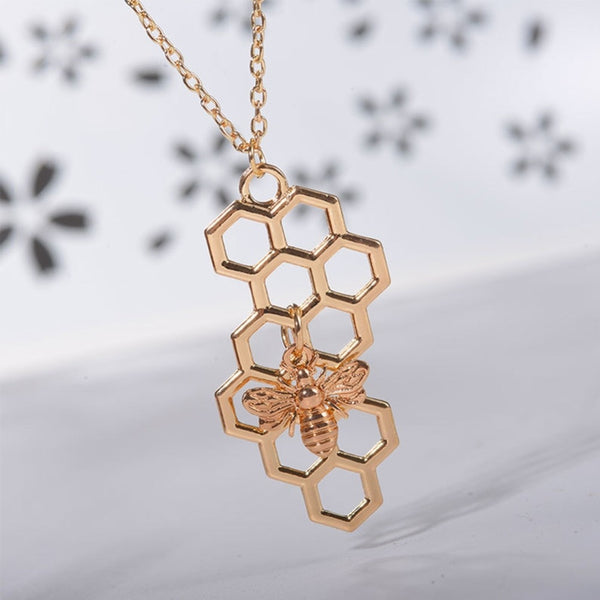 Nature Jewelry Geometric Hexagon Honeycomb Necklace with Bee Charm